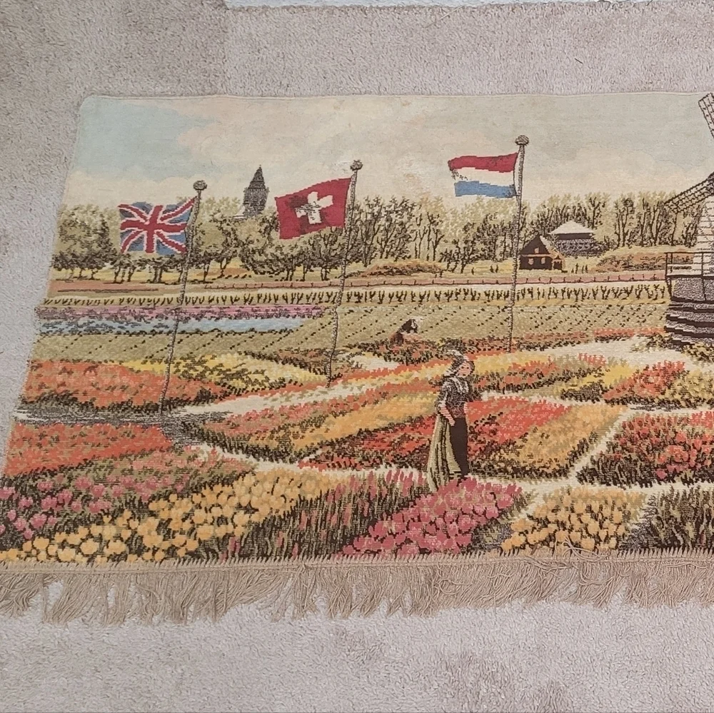 VTG Large Holland Tapestry with Fringe 66x28 Windmill & Flags